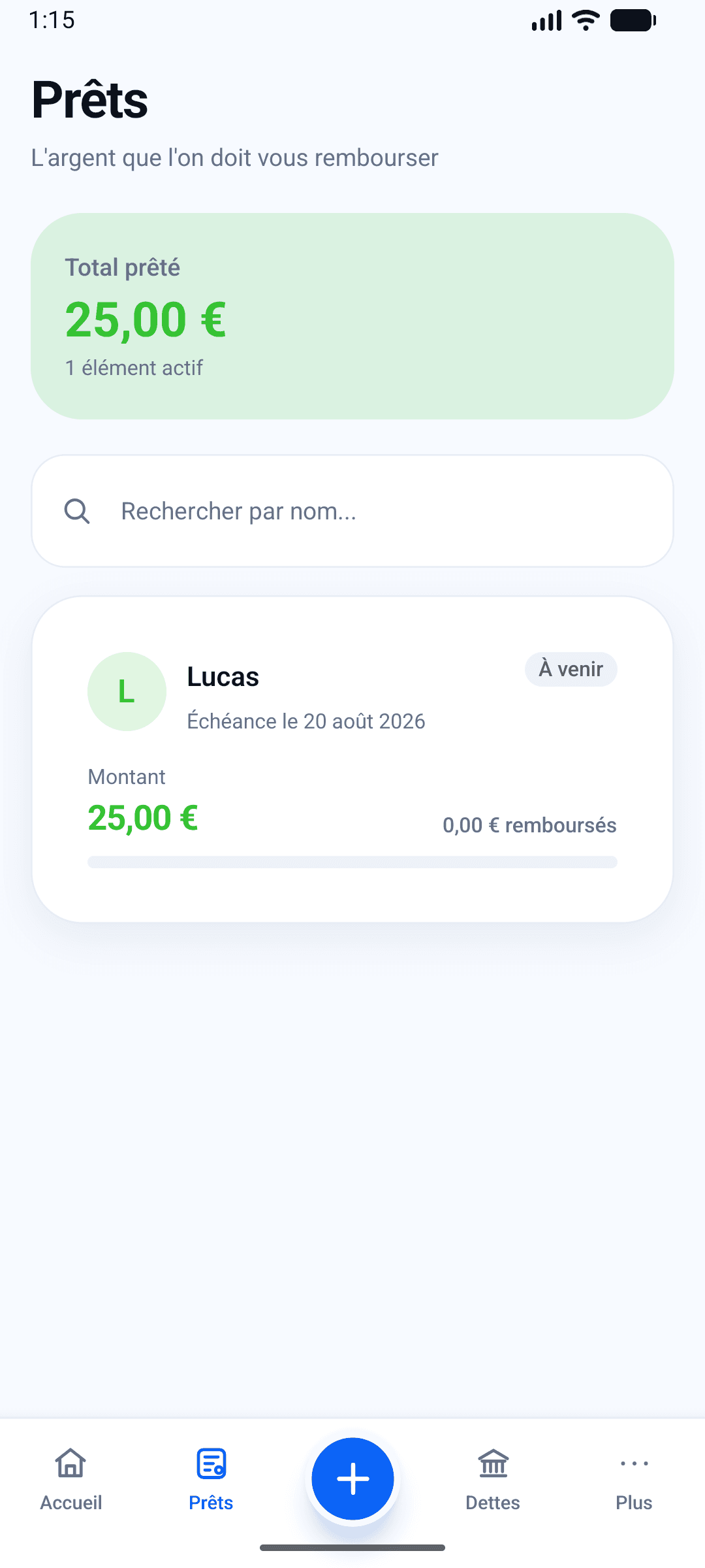Prets et Dettes: capture de l’application