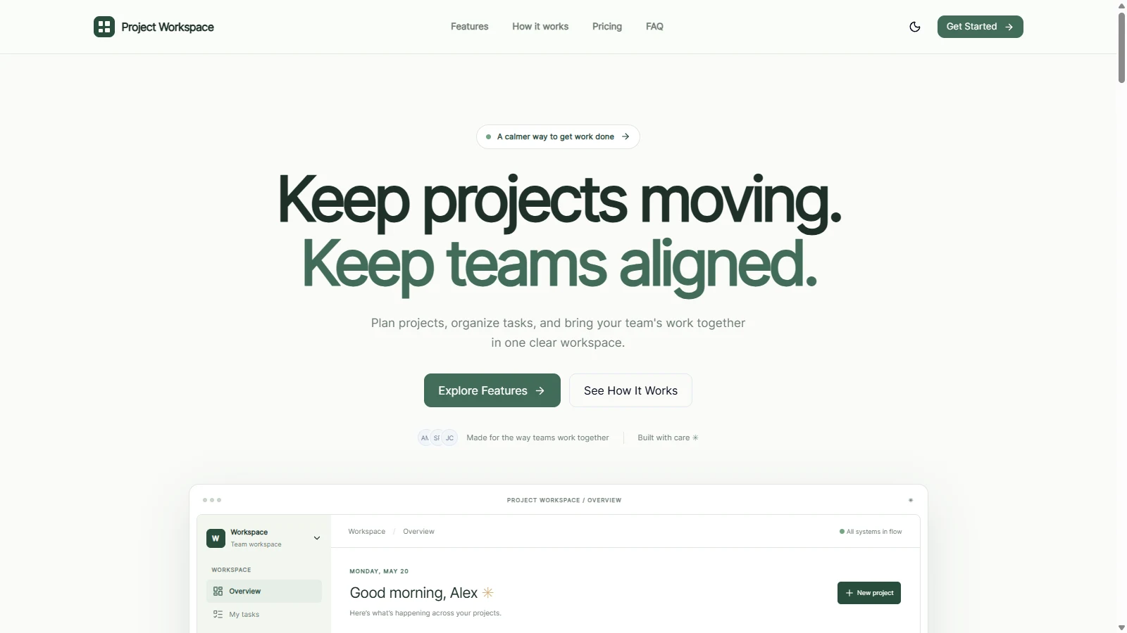 Aperçu de la landing page Project Workspace réalisée avec Pimolu UI